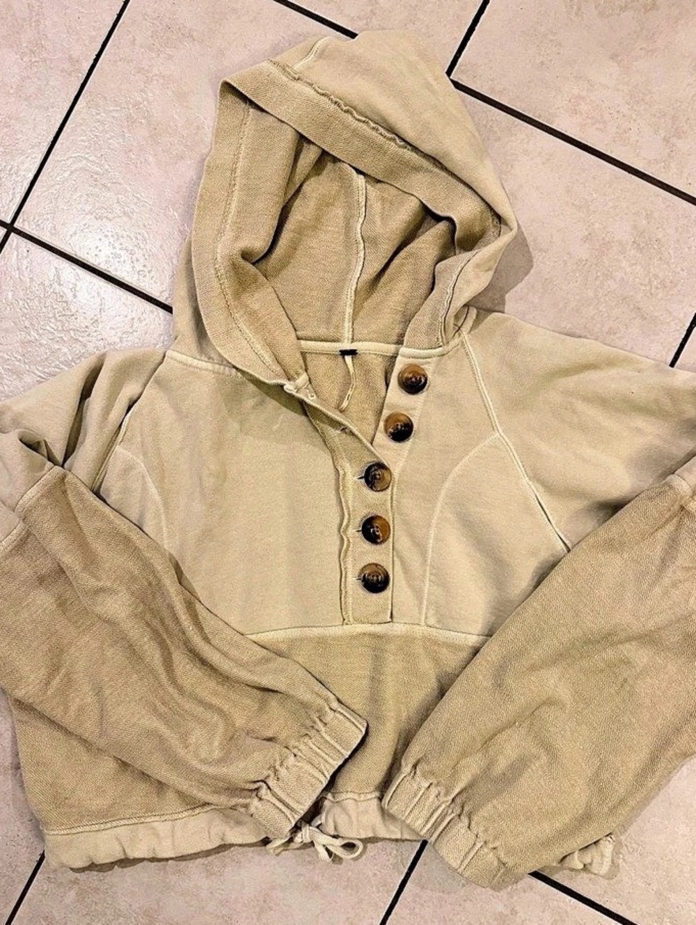 Free People Beige Cropped Button Neck Hoodie Textured Cotton Size L